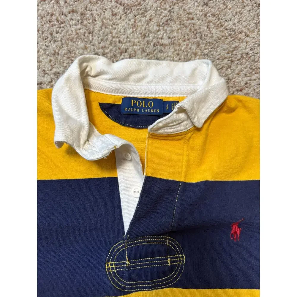Polo Ralph Lauren Rugby Shirt Mens Small Yellow Navy Blue Striped Long Sleeve